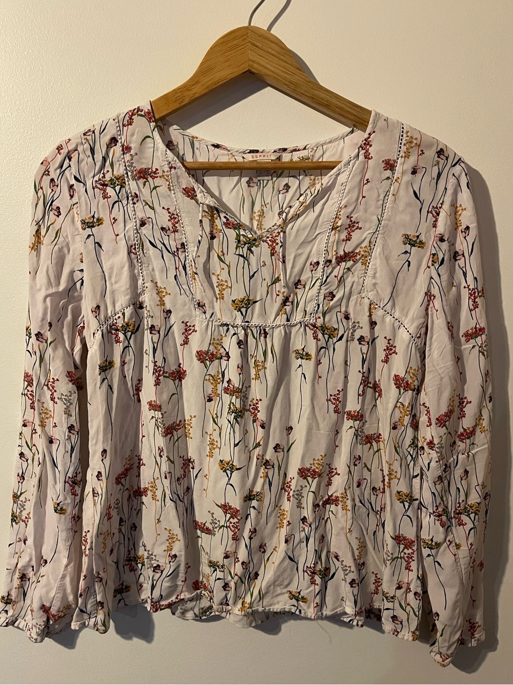 Esprit Floral Boho Peasant Blouse Long Sleeve Off White Wildflower US 10 M